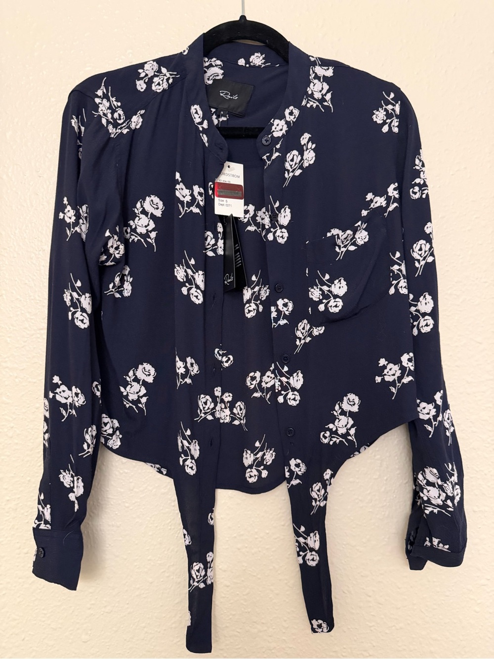 NWT Rails Navy Floral Tie-Front Button Blouse